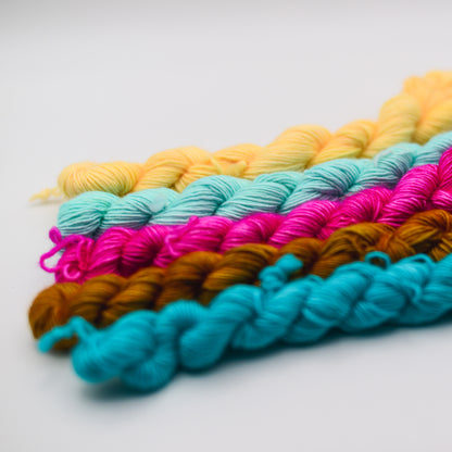 Hand dyed merino single mini skeins of yarn bundle: 5 x 80 g