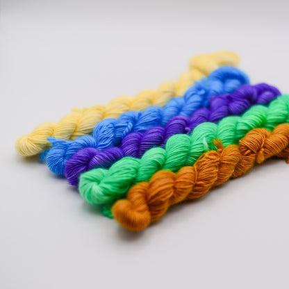 Hand dyed merino single mini skeins of yarn bundle: 5 x 80 g
